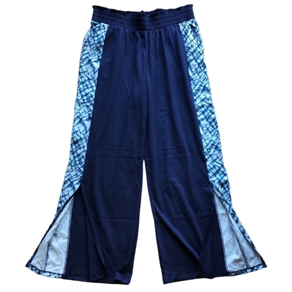 AnyBody Cotton Blue Tie Dye Color Block Wide Leg Pants Size Small